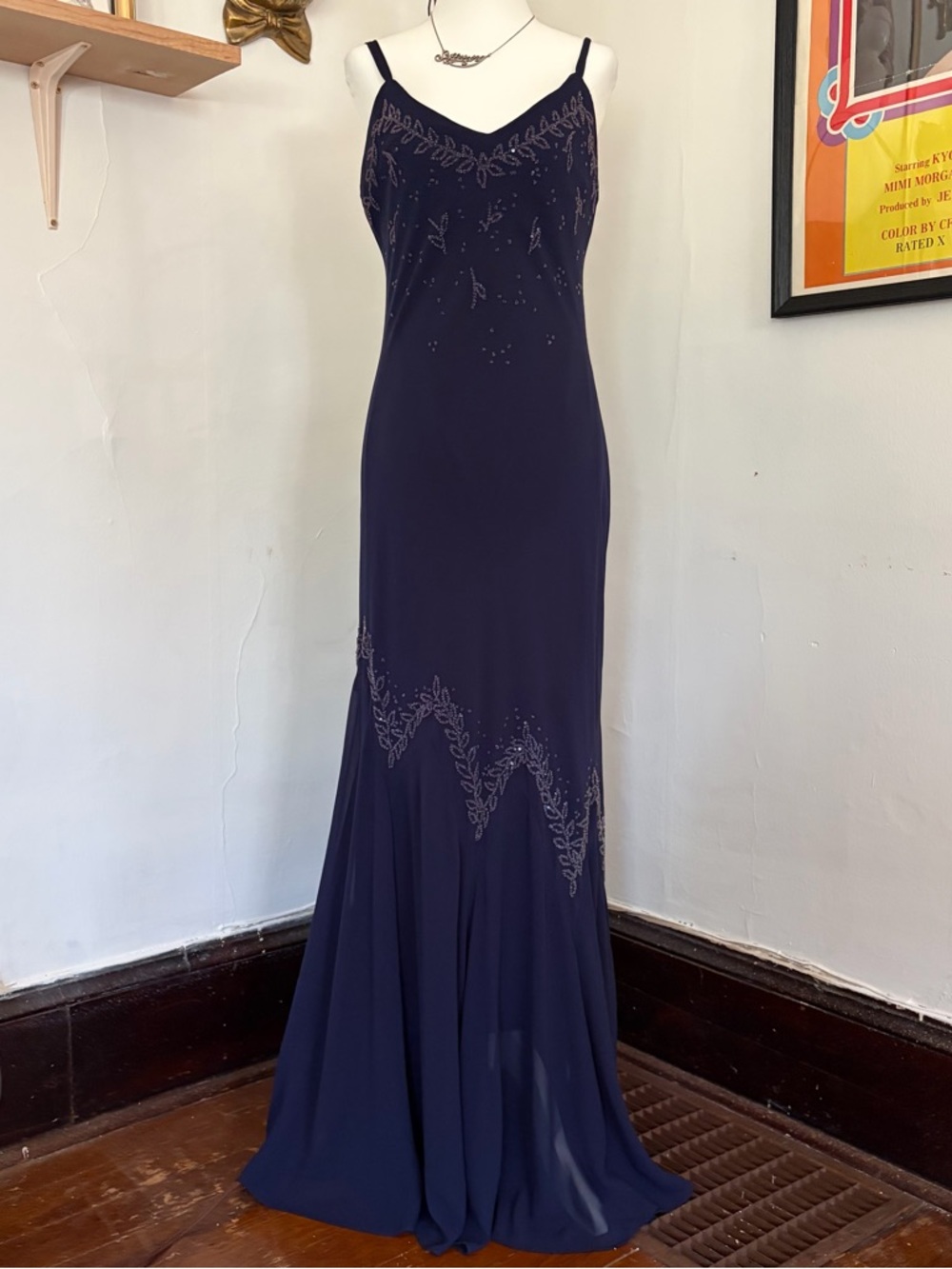 Vintage 90s Indigo Beaded Gothic Prom Dress